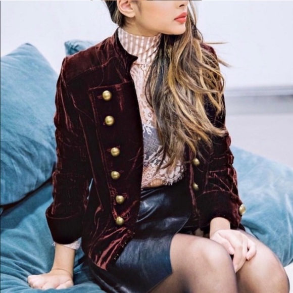 Revolve Nightcap Sgt. Breasted Maroon Velvet Blazer - Picture 13 of 14